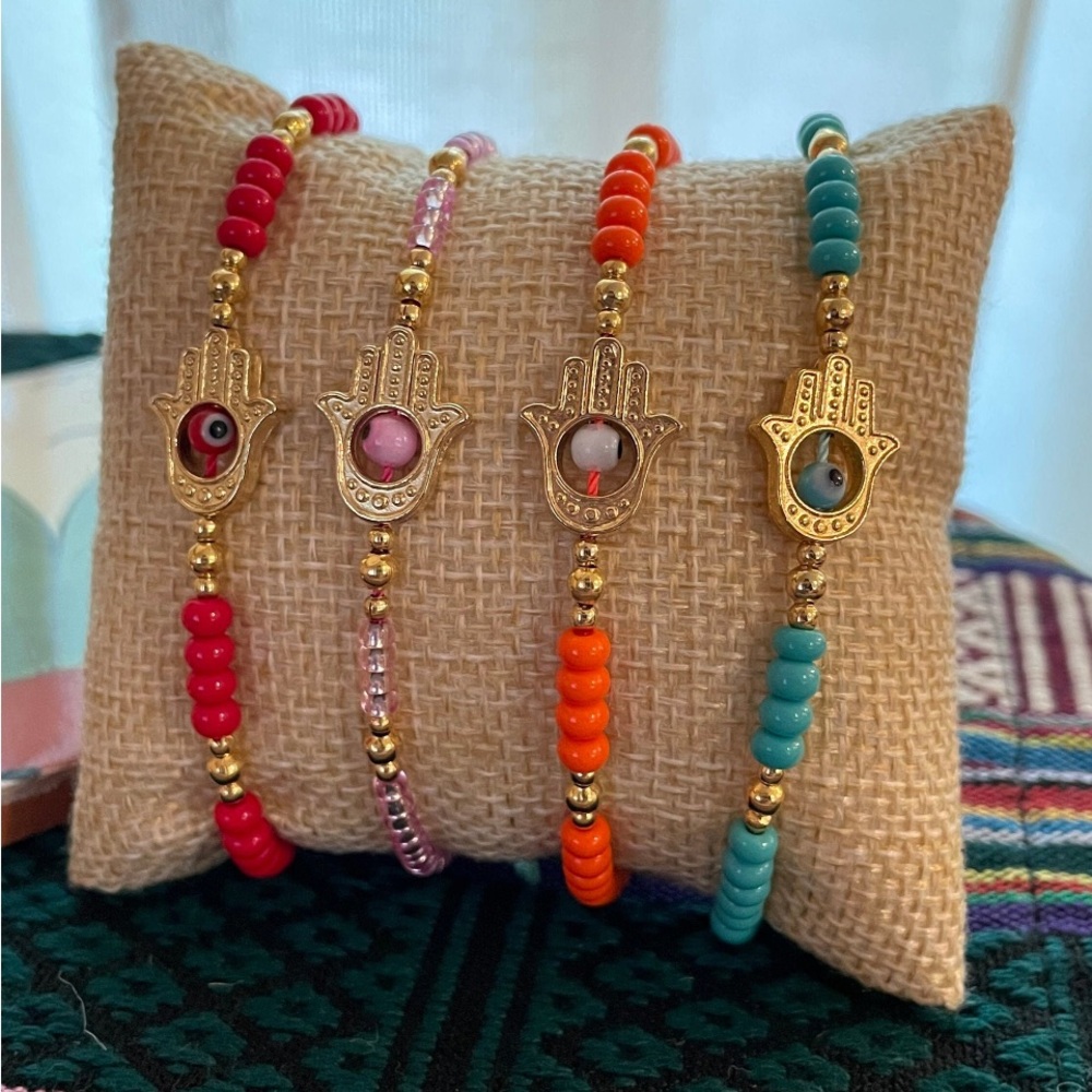 Hamsa Evil Eye Hand Beaded Bracelet - Gold, Red, Pink, Orange, Blue